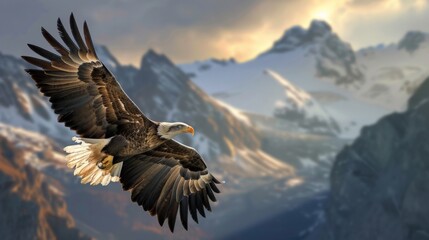 Majestic eagle soaring over a mountainous landscape