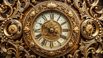 Obraz premium Intricately engraved antique clock face with Roman numerals, ornate filigree, and delicate floral patterns, showcasing exceptional craftsmanship and attention to detail.