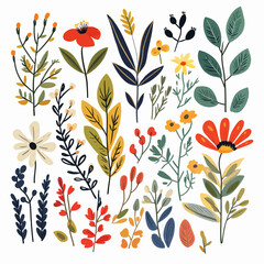 Vintage vector botanical illustration, Set, Autumn flowers, berry and leaves, Colorful