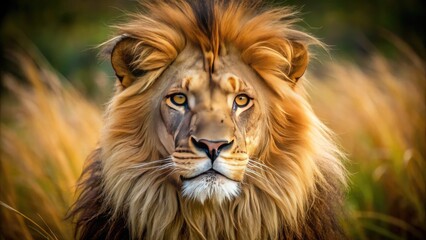 Fototapeta premium A majestic lion's head with a shaggy mane and piercing eyes gazes directly at the camera, conveying royalty and fierce intensity in the African savannah.