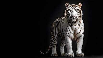 Majestic White Tiger Confidently Posing on Solid Black Background