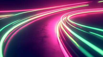 Glowing Neon Light Trails: Intersecting neon light trails in vibrant colors like pink and green, floating in a dark space, creating an abstract dance of light.
