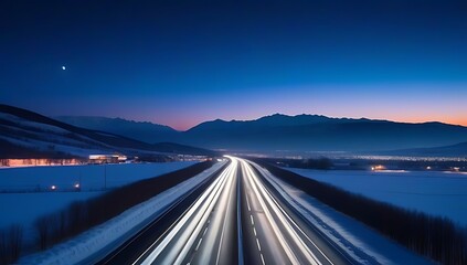 vibrant panoramic sky winter highway streets leading horizon clear blue night sky bordered distant mountains