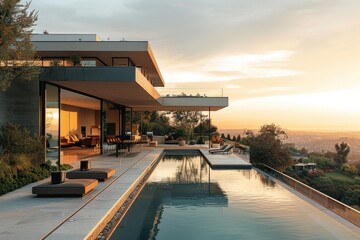 Fototapeta premium Modern mansion with pool and terrace overlooking Los Angeles valley, captured during golden hour