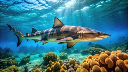 Obraz premium A majestic port Jackson shark swims in the clear blue waters of the ocean, its distinctively patterned body gliding effortlessly through the coral reef.