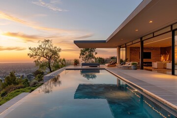 Fototapeta premium Modern mansion with pool and terrace overlooking Los Angeles valley, captured during golden hour