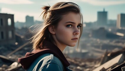young dystopian teen girl overlooking disastrous city surrounded rubble