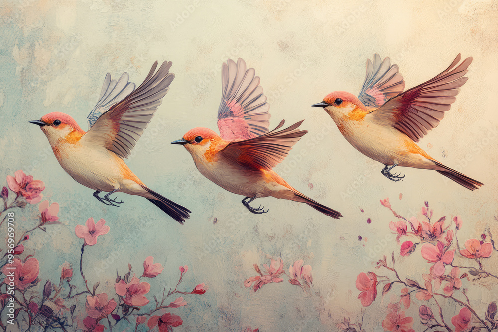 Poster a surreal image of three birds flying together in a triangular formation, each bird with distinct co