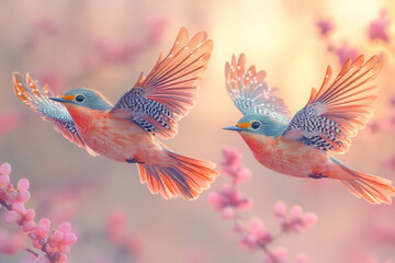 A surreal image of three birds flying together in a triangular formation, each bird with distinct colors and patterns symbolizing strength, spirit, and mind, isolated on a pastel lavender background,