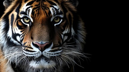 Obraz premium Striking Bengal Tiger Face Vividly Detailed on Pure Black Background with Copy Space