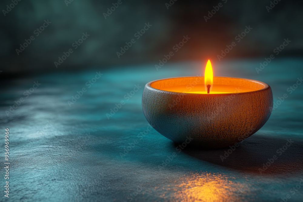 Aufkleber A minimalist 3D rendering of a single candle flame flickering softly in a dark room, casting gentle shadows on the walls, isolated on a pastel gray background,