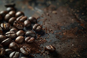 Fototapeta premium Brown Roasted Coffee Beans Closeup On Dark Background with generative ai