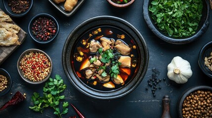 Top-down view of traditional Chinese black chicken soup in a deep ceramic bowl, surrounded by herbal ingredients. A famous dish in Asian culture for boosting health.