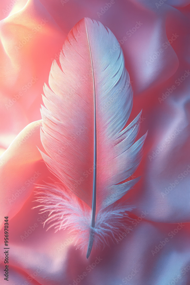 Poster an artistic depiction of a single feather floating gently in the air, with a soft breeze moving it s