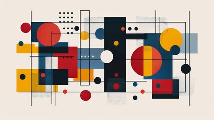 Obraz premium Abstract Bauhaus geometric poster with primary colors and clean lines. Minimalist shapes create a modern look. Vector illustration