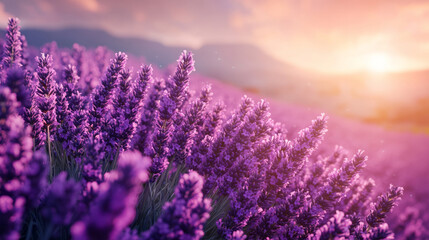 Fototapeta premium A close-up of a lavender field swaying gently in the wind, with soft purple hues blending into the horizon, isolated on a pastel lavender background,