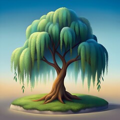 A whimsical illustration of a weeping willow tree with flowing branches and lush foliage. set against a serene sky.