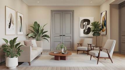 a modern living room with a door and two armchairs. The room has a minimalist design with a white sofa, a largeplant, and a wooden coffee table.