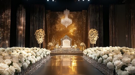 Wedding Ceremony Decoration with White Roses and Gold Glitter Backdrop