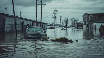 A flooded street with submerged cars and buildings under a gloomy sky, depicting a scene of urban devastation and resilience.
