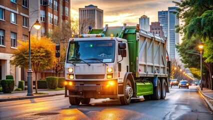 Large, municipal waste management vehicle with flashing lights and compacted refuse compartment drives down urban street, leaving trails of discarded trash in its wake.