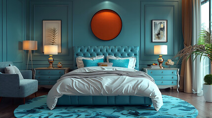 Luxurious bedroom with teal walls, a tufted bed, ornate lamps, and a round orange wall accent, combining classic elegance with modern comfort in a harmonious design.