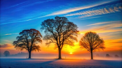 Silhouetted trees stand majestically against a gradient blue and orange background at sunrise, providing a peaceful and serene atmosphere with subtle texture and depth.