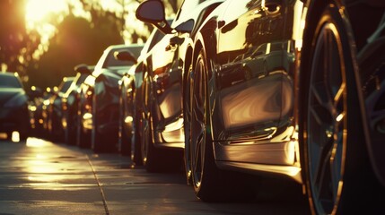 Fototapeta premium The polished exteriors of luxury cars gleam in the sunlight as they line up neatly along a city street.