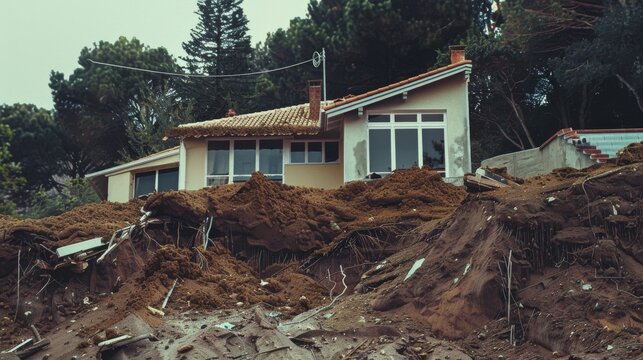 A residential house buried in mudslide debris surrounded by trees. A somber atmosphere and natural disaster aftermath are prominent in the image.