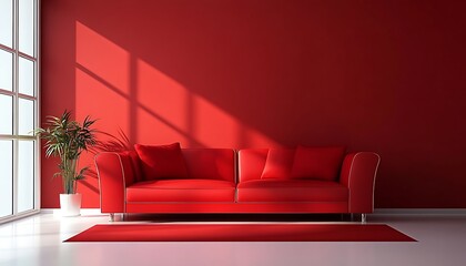 Modern living room with red sofa, stylishly designed for comfortable living