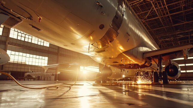 The underbelly of an airplane being worked on in a sunlit hangar, with technicians and welding sparks creating a dynamic industrial scene.