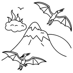 Pterodactyls soaring over a volcanic scen