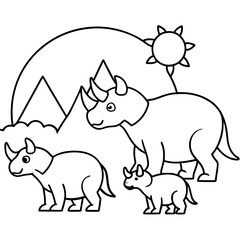 Triceratops family in a prehistoric landscape