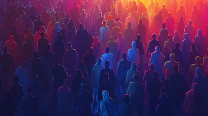 Obraz premium Abstract Crowd Representation Highlighting Unity and Diversity through Distinct Colors and Shapes, Symbolizing Diversity, Inclusion, Equality, and Community, DEI concept, LGBTQ group