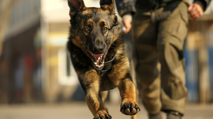 Police service dog runs down street after being commanded to attack. A dog handler trains a german shepherd dog to catch criminals.