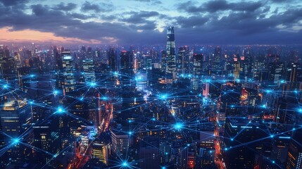 Digital cityscape with interconnected networks and digital elements, representing the integration of smart urban technology in an evening setting