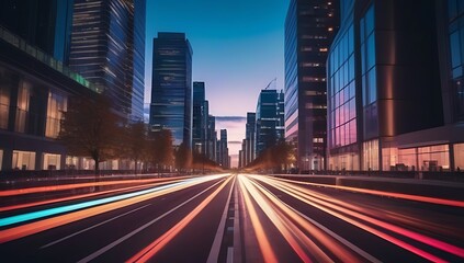 Fototapeta premium nighttime city street filled colorful light trails vibrant skyline illustrating motion futuristic metropolis