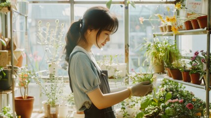 A young woman, surrounded by vibrant potted plants, passionately cares for her urban garden in a sunlit, spacious room filled with greenery.