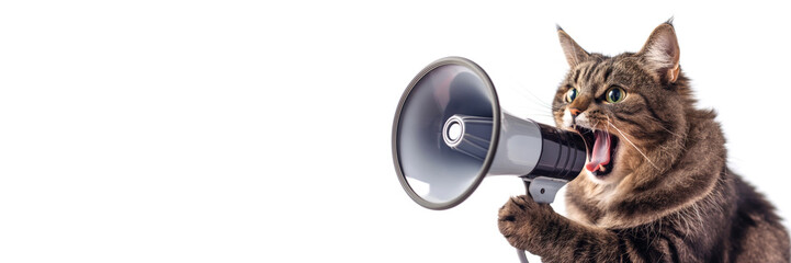 A gray cat shouts into a megaphone, announcing discounts or promotional offers. Pet holds a...