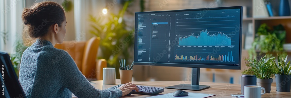 Leinwandbilder An expert focuses on complex data analysis at a neatly organized desk while sipping coffee and taking notes. Generative AI