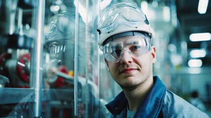 A man in protective gear and glasses, confidently posing in an industrial environment, demonstrating expertise and readiness.