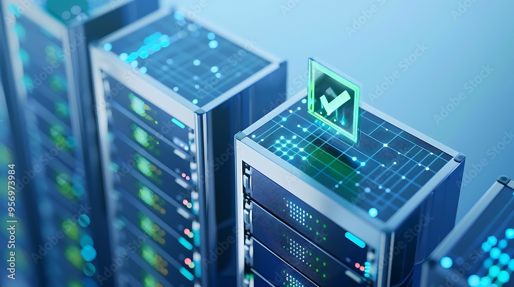 Poster high-tech data center servers with digital checkmark symbolizing secure and successful operations in