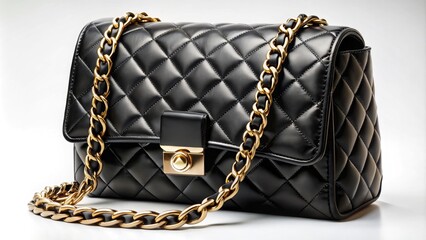 Luxurious black quilted leather handbag with interlocking gold-tone clasps and chain-link straps sitting on a chic, monochromatic backdrop, exuding elegance and sophistication.