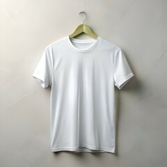 A crisp white t shirt hangs on a wooden hanger against a textured beige wall. providing a perfect blank canvas for design and branding.