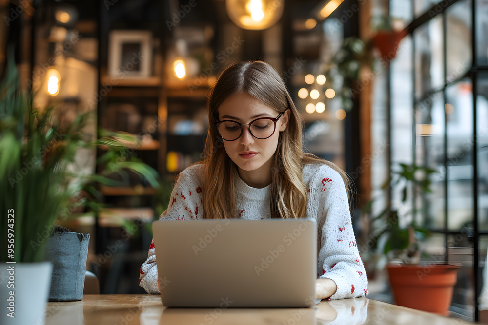 Sticker Young beautiful woman working laptop a modern workspace