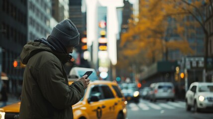Fototapeta premium A city street scene with a person in a warm jacket and beanie focused on their phone against the backdrop of busy traffic and towering buildings.