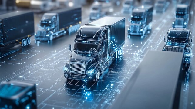 Futuristic autonomous trucks on digital highway, showcasing advanced transportation technology and smart logistics in a connected network system.