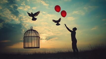 A person letting go of balloons or releasing a bird from a cage, representing the concept of freeing oneself