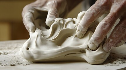 Hand Sculpting Abstract Form: Fingers sculpting an abstract clay form, with emphasis on the hands' interaction with the smooth, flowing shapes.
