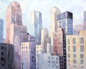 Beautiful watercolor painting depicting a cityscape with tall buildings, showcasing urban architecture and modern skyscrapers under a cloudy sky.